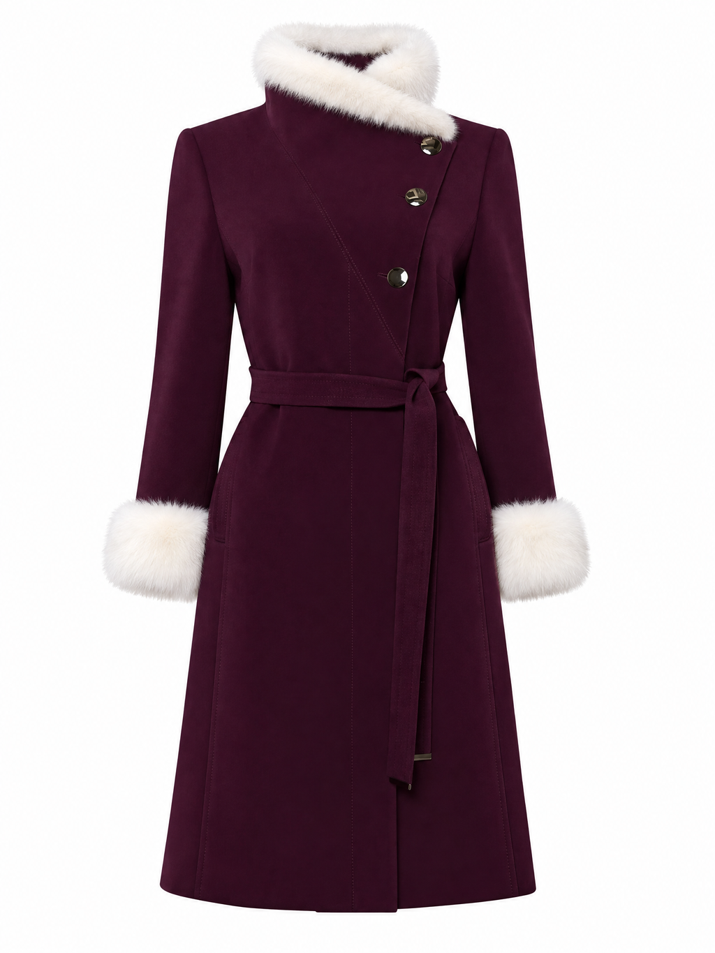 Vintage Wool Blend Faux Fur Trim Belted Coat
