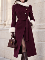 Vintage Wool Blend Faux Fur Trim Belted Coat