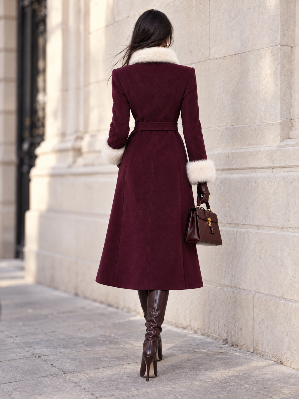 Vintage Wool Blend Faux Fur Trim Belted Coat