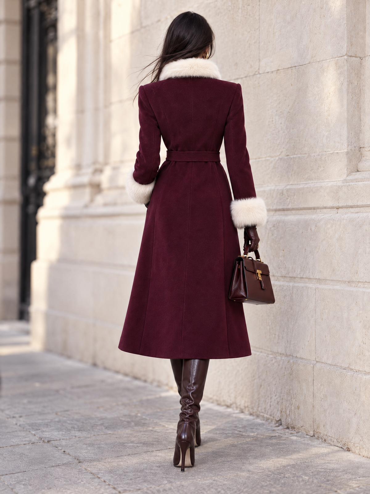 Vintage Wool Blend Faux Fur Trim Belted Coat