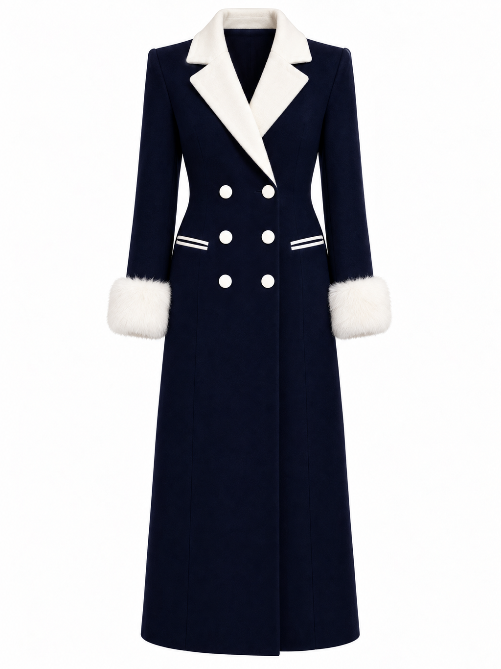 Vintage Wool Blend Faux Fur Cuff Lapel Long Coat