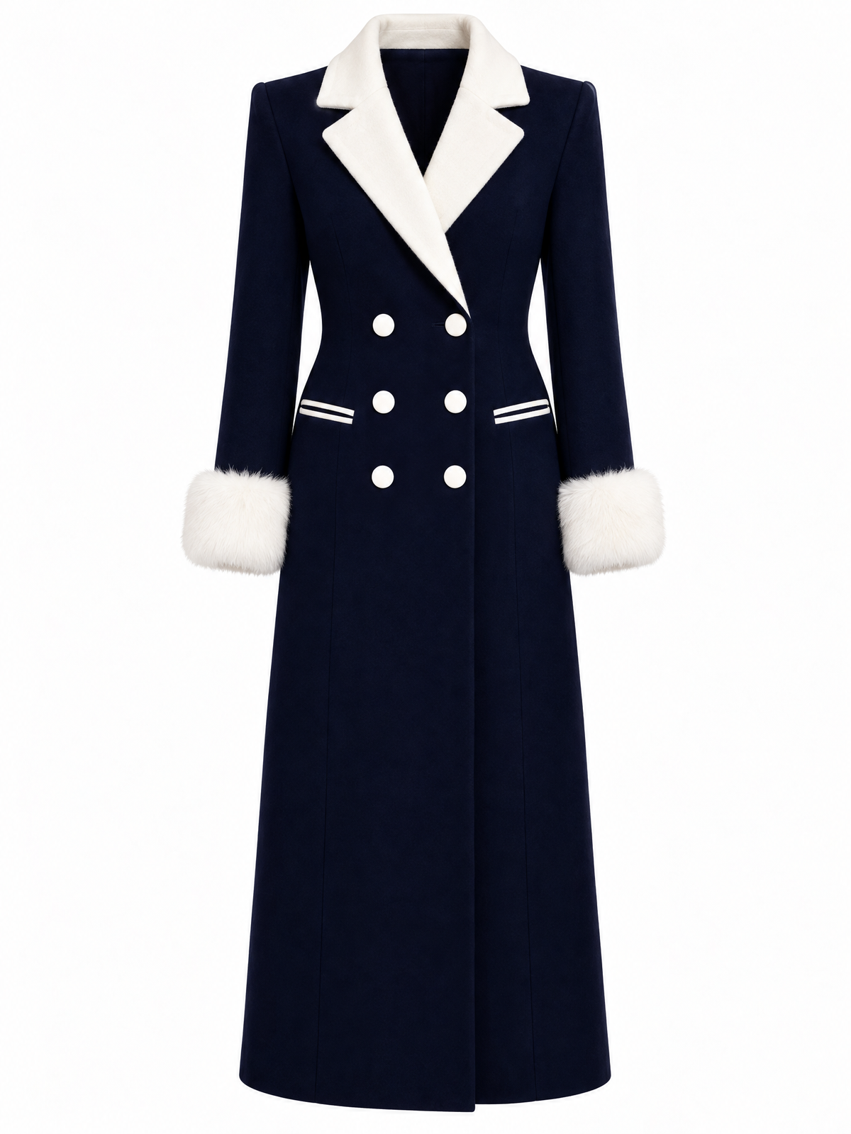 Vintage Wool Blend Faux Fur Cuff Lapel Long Coat