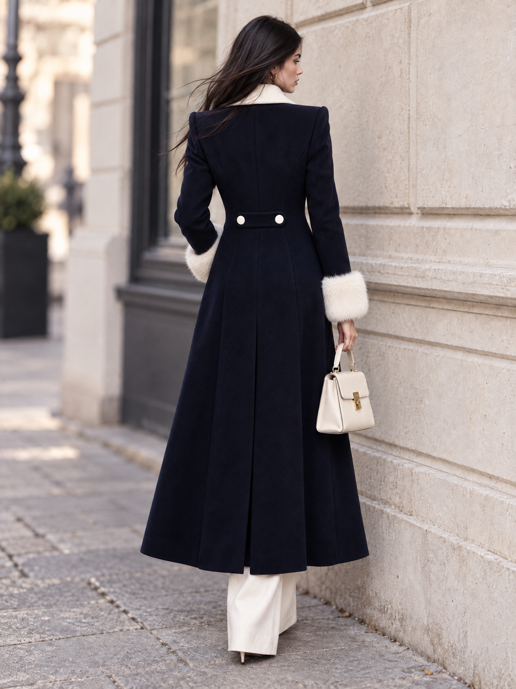 Vintage Wool Blend Faux Fur Cuff Lapel Long Coat