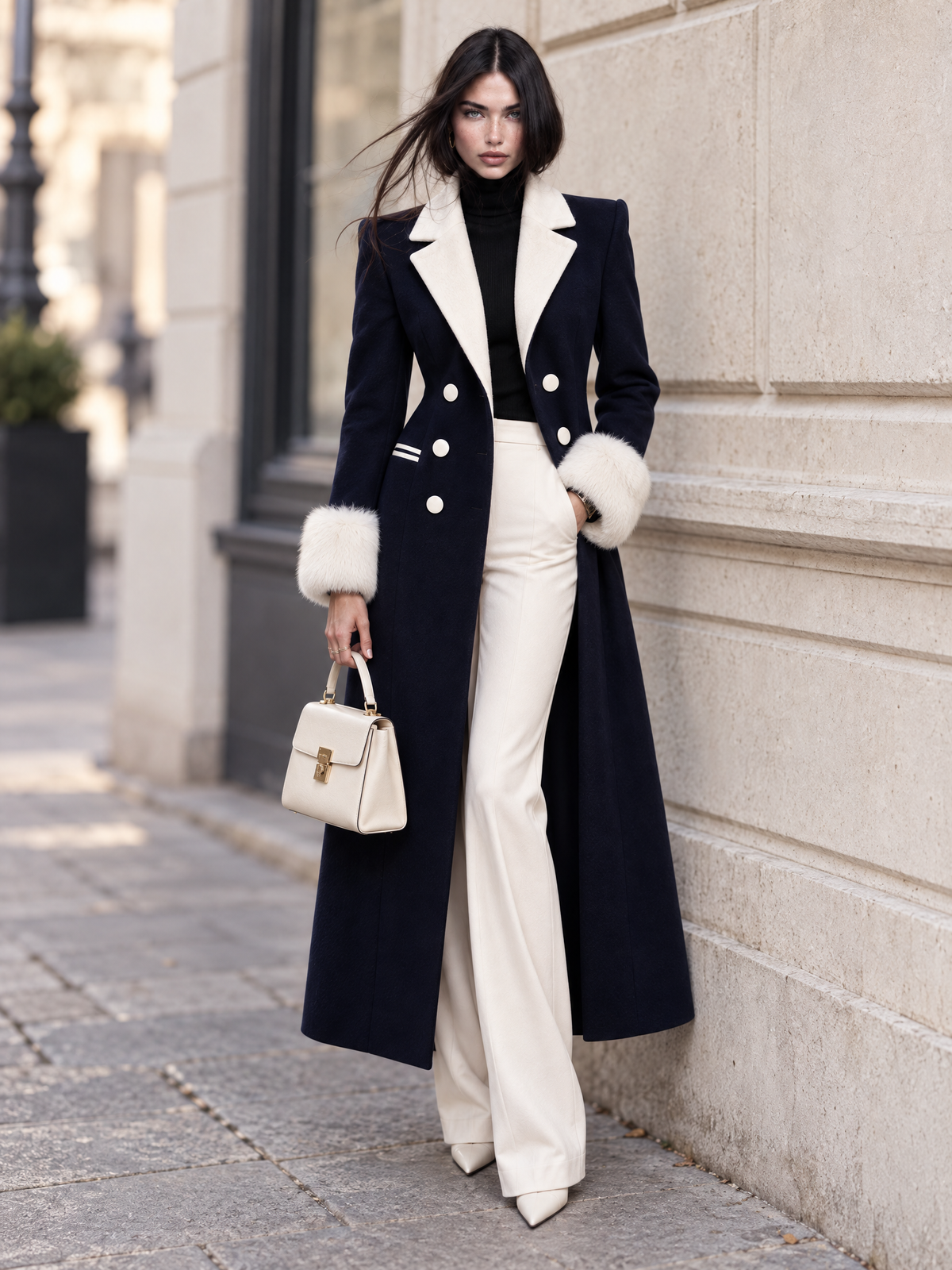 Vintage Wool Blend Faux Fur Cuff Lapel Long Coat