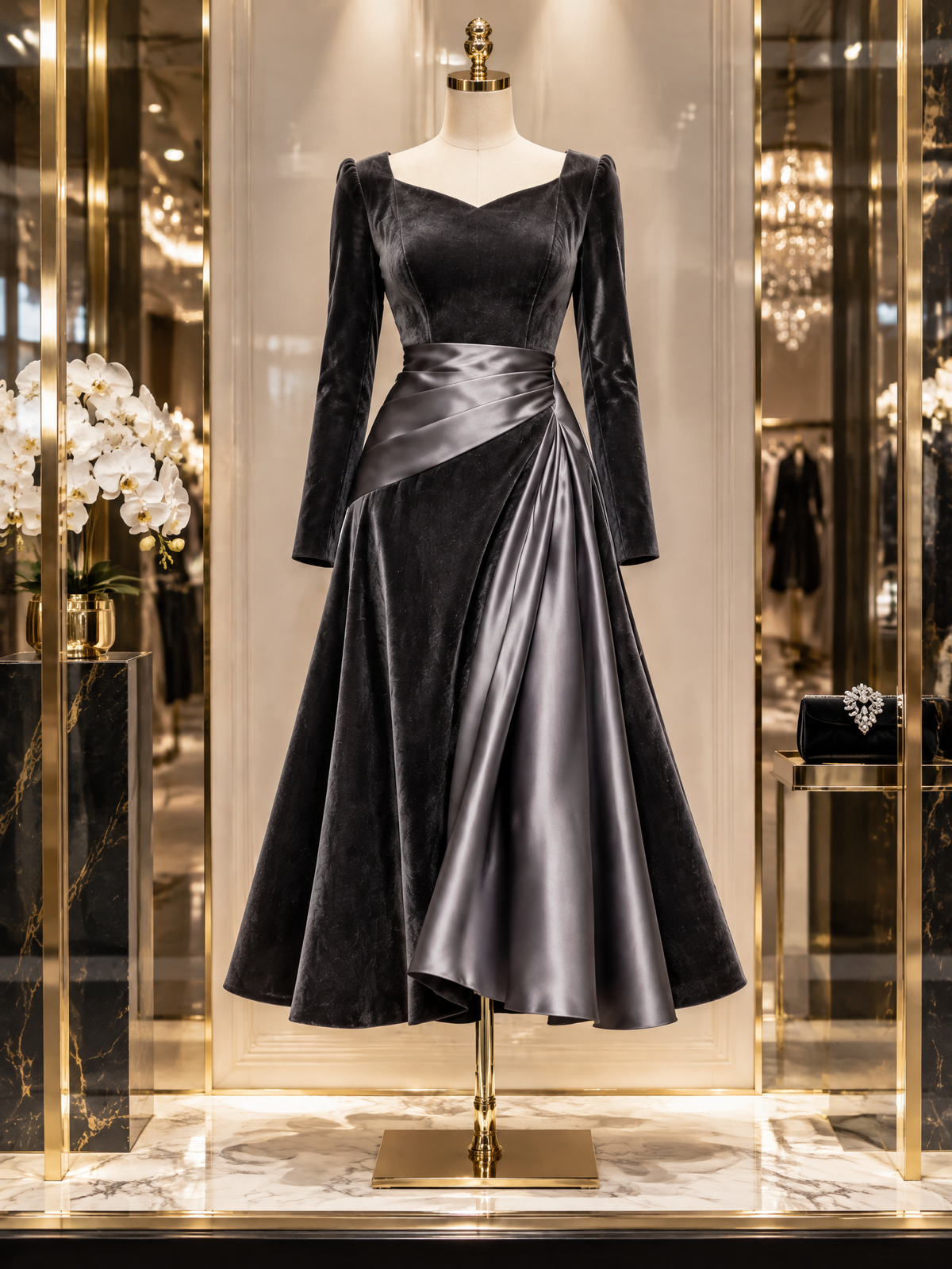 Vintage Satin Paneled Square Neck Swing Midi Dress