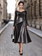 Vintage Satin Paneled Square Neck Swing Midi Dress