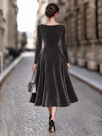 Vintage Satin Paneled Square Neck Swing Midi Dress