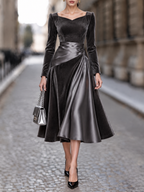 Vintage Satin Paneled Square Neck Swing Midi Dress