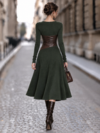 Vintage PU Waistband Spliced Swing Midi Dress