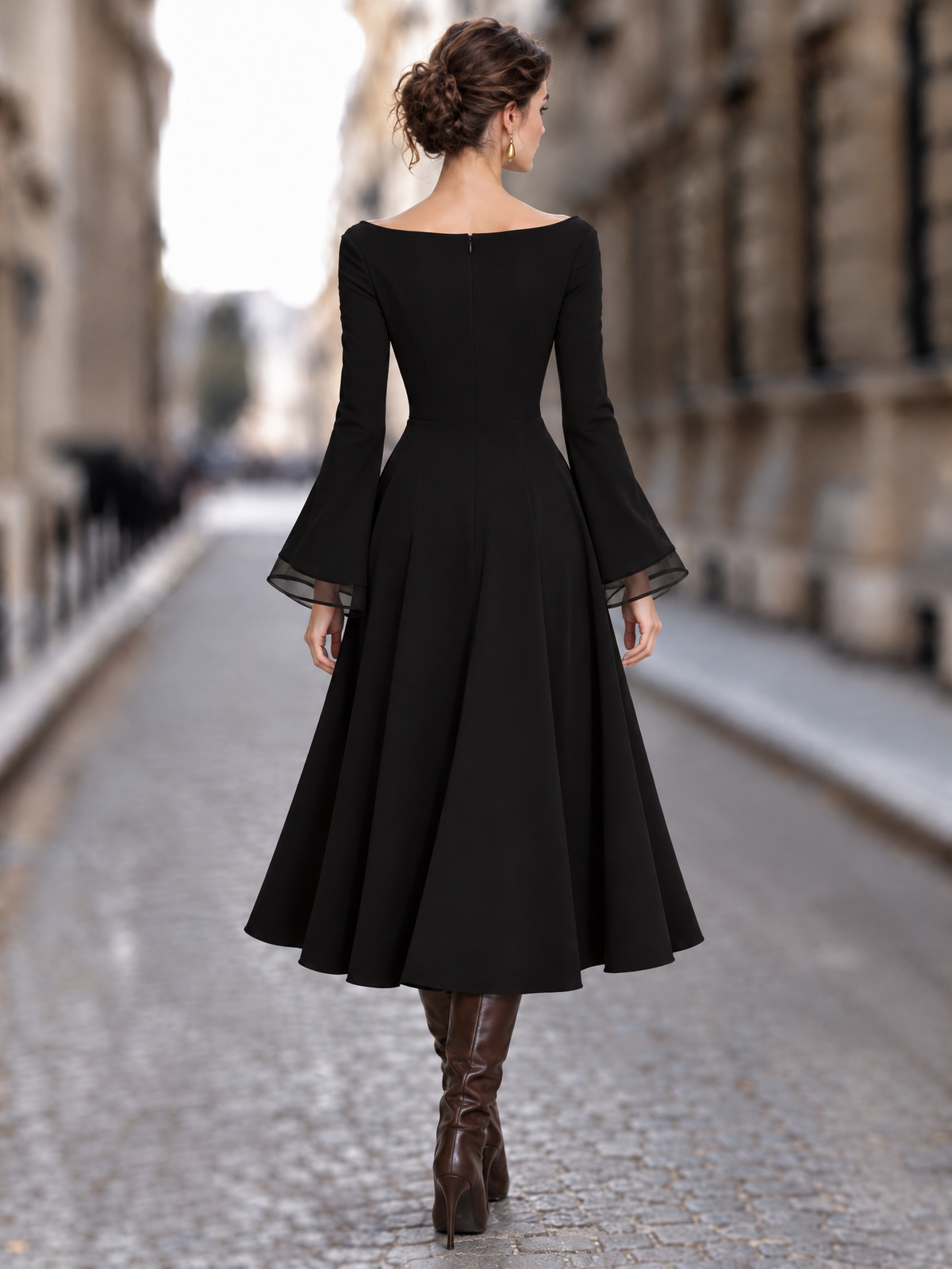 Vintage Tulle Spliced Off-the-Shoulder Swing Midi Dress