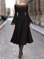 Vintage Tulle Spliced Off-the-Shoulder Swing Midi Dress