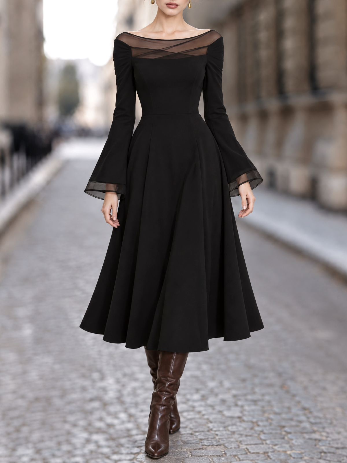 Vintage Tulle Spliced Off-the-Shoulder Swing Midi Dress