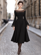 Vintage Tulle Spliced Off-the-Shoulder Swing Midi Dress