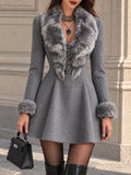 Vintage Grey Wool Blend Faux Fur Collar Mini Dress
