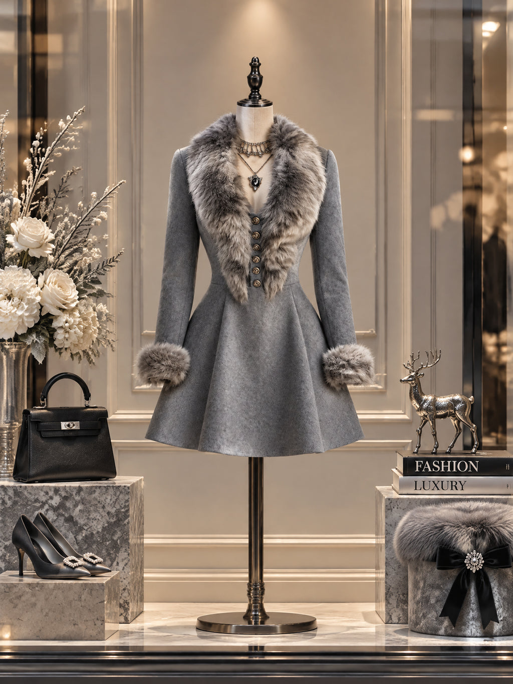 Vintage Grey Wool Blend Faux Fur Collar Mini Dress