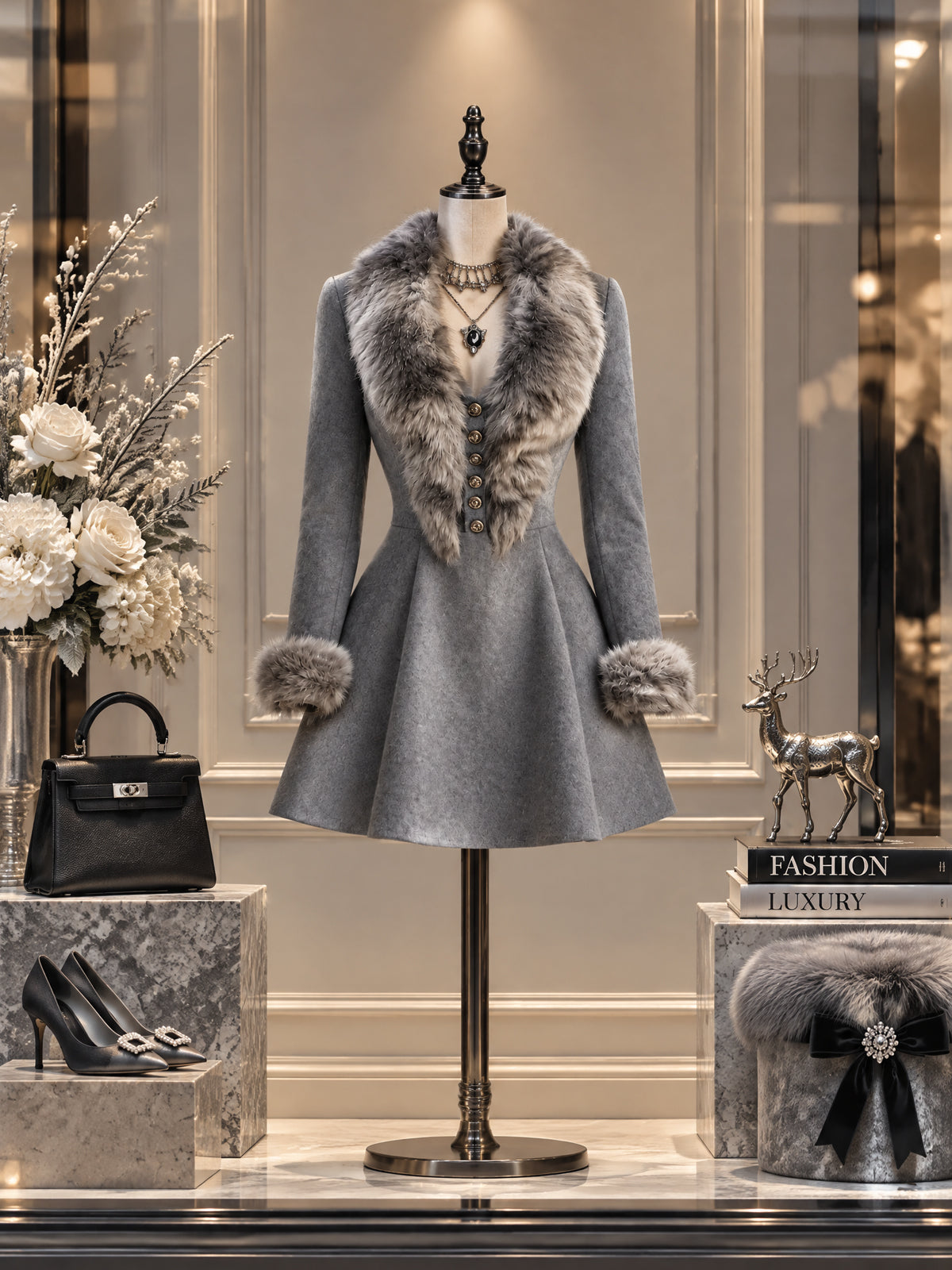 Vintage Grey Wool Blend Faux Fur Collar Mini Dress