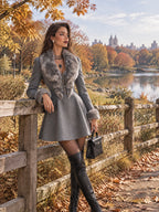 Vintage Grey Wool Blend Faux Fur Collar Mini Dress