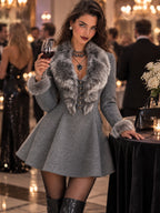Vintage Grey Wool Blend Faux Fur Collar Mini Dress