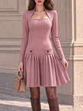 Vintage Pink Square Neck Pleated Mini Dress