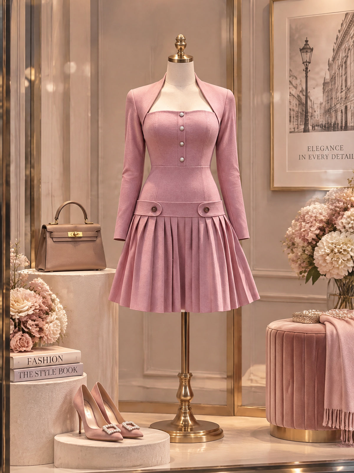 Vintage Pink Square Neck Pleated Mini Dress