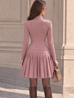 Vintage Pink Square Neck Pleated Mini Dress