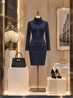 Vintage Navy Cowl Neck Button Front Bodycon Dress