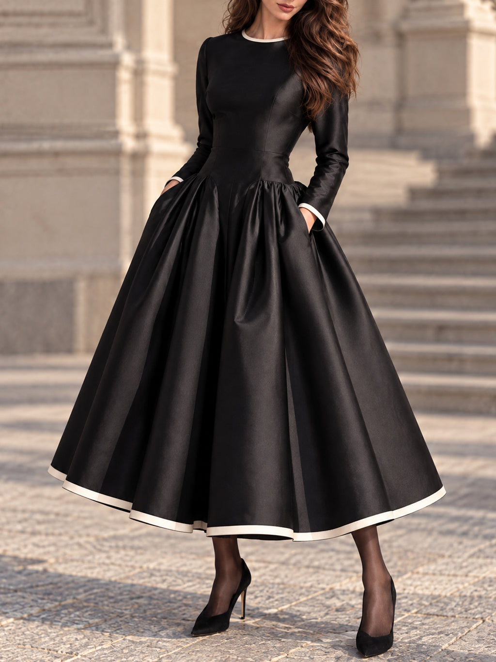 Vintage Black Satin Cream Trim Full Skirt Dress