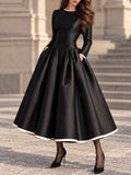 Vintage Black Satin Cream Trim Full Skirt Dress