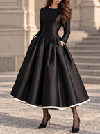 Vintage Black Satin Cream Trim Full Skirt Dress