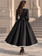 Vintage Black Satin Cream Trim Full Skirt Dress