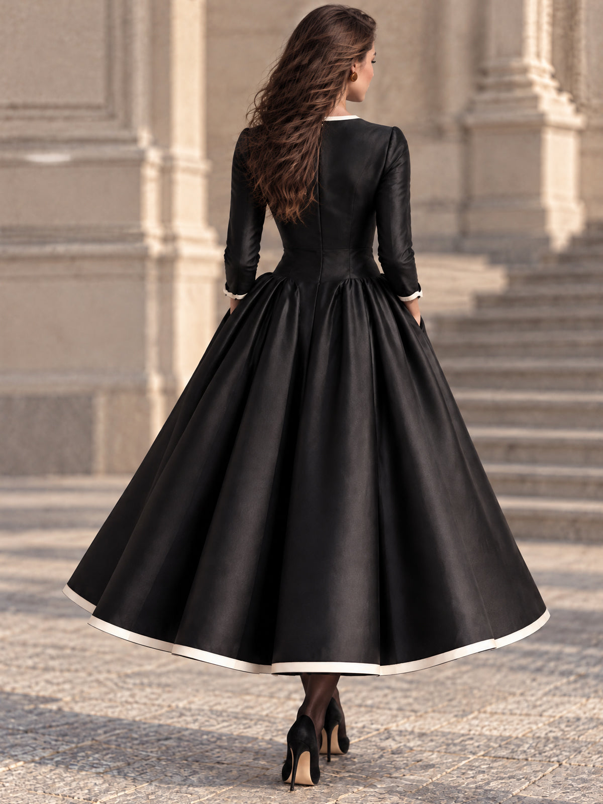 Vintage Black Satin Cream Trim Full Skirt Dress