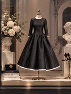 Vintage Black Satin Cream Trim Full Skirt Dress
