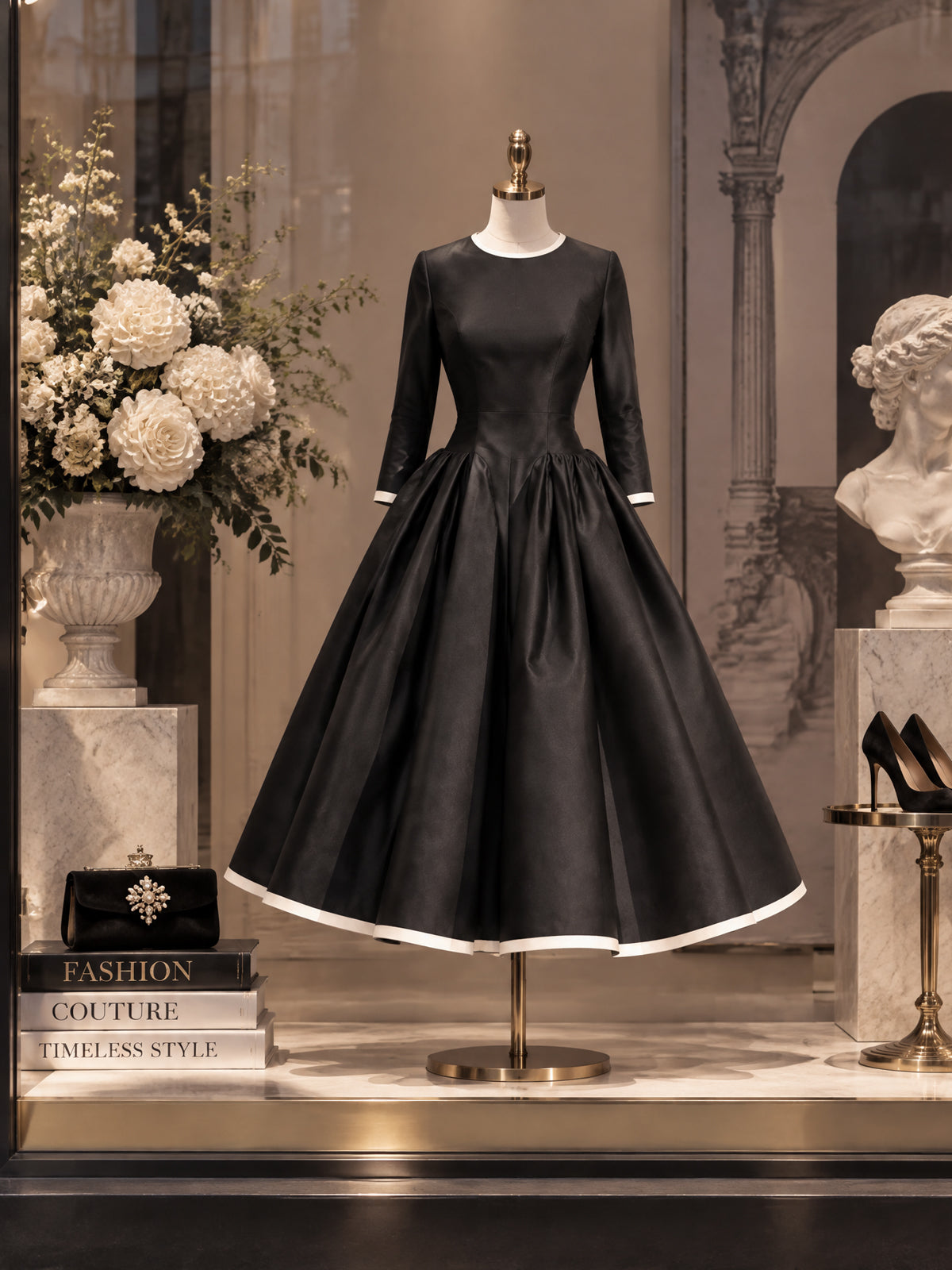 Vintage Black Satin Cream Trim Full Skirt Dress