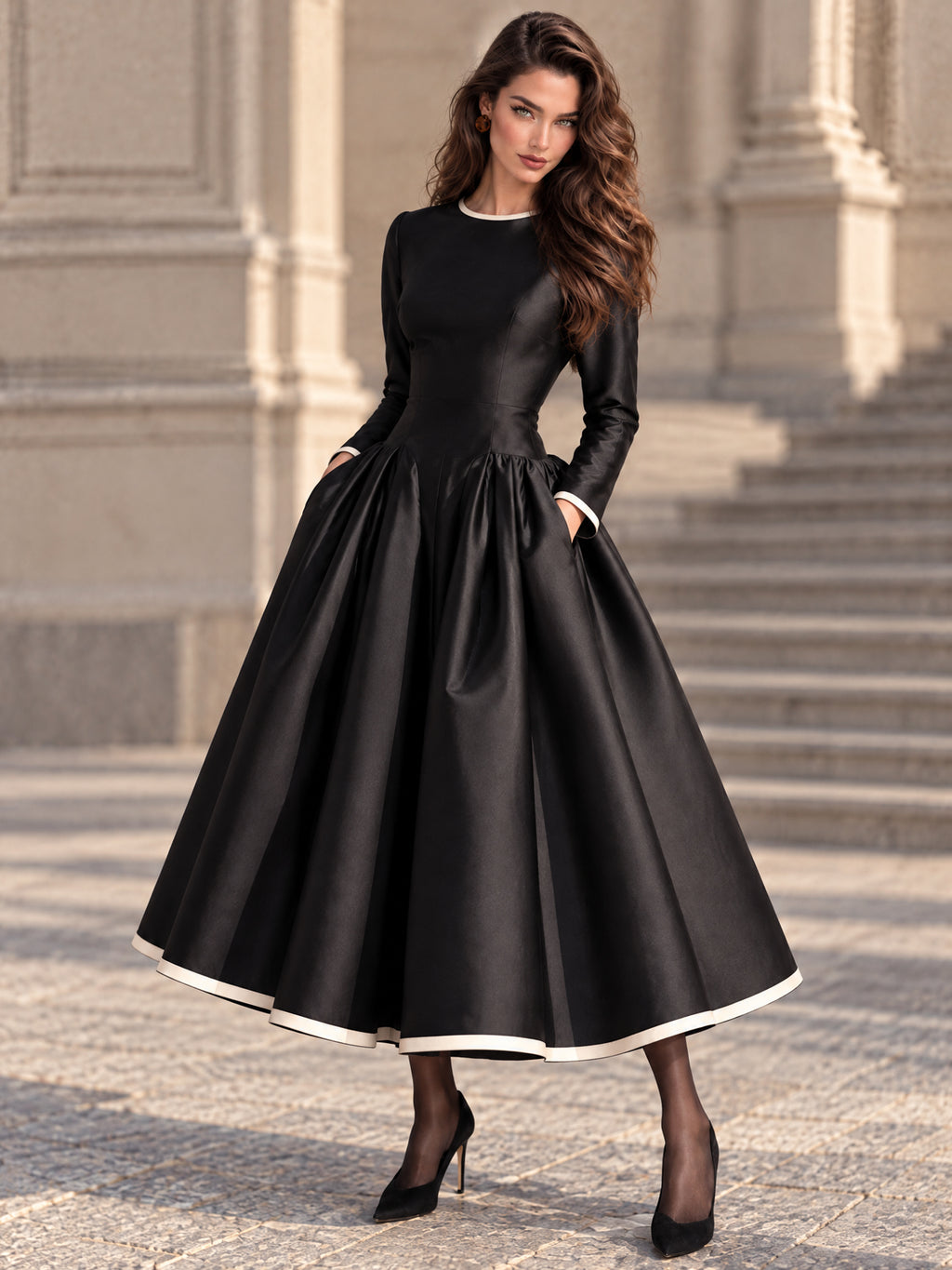 Vintage Black Satin Cream Trim Full Skirt Dress