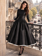 Vintage Black Satin Cream Trim Full Skirt Dress