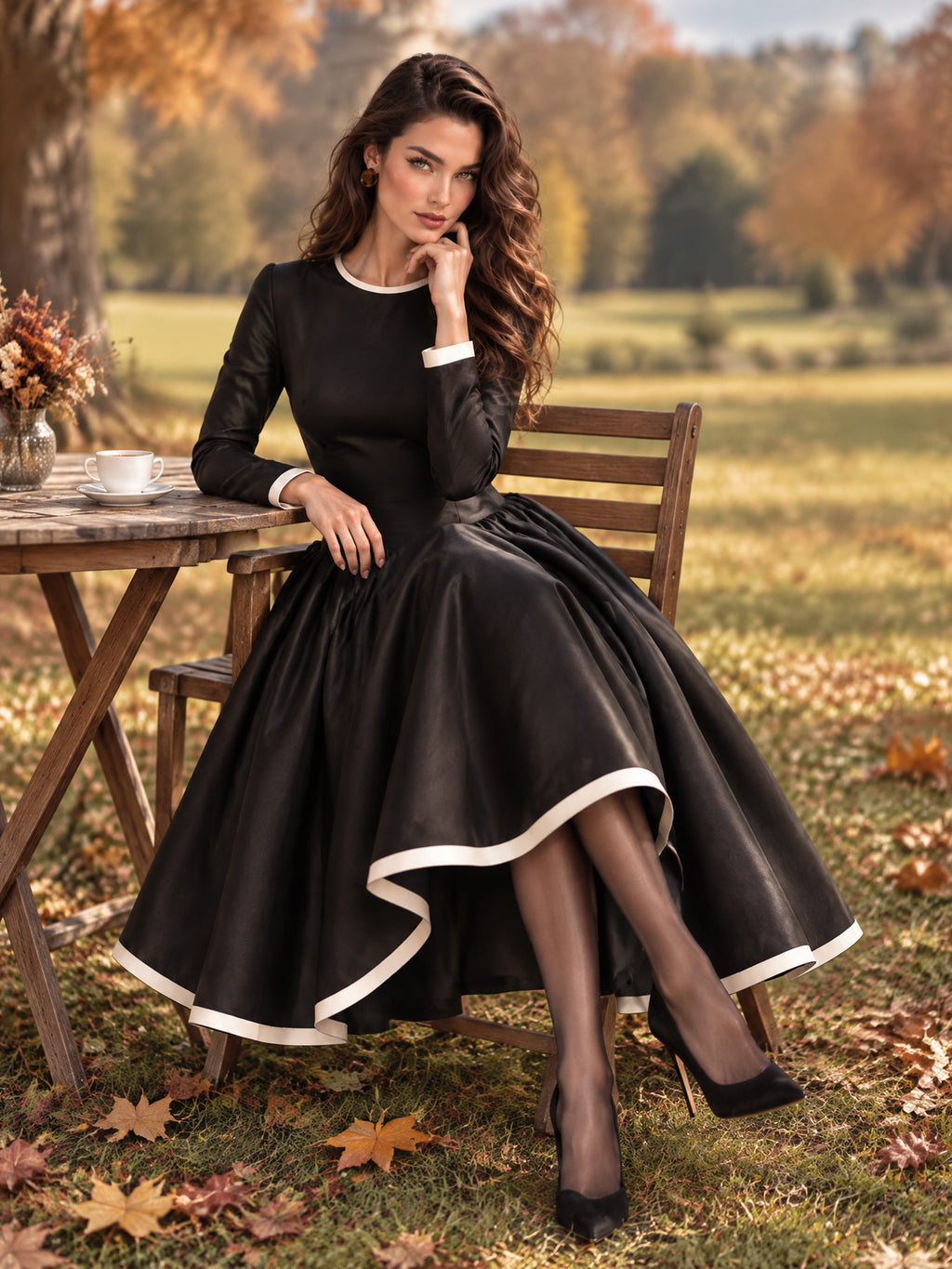 Vintage Black Satin Cream Trim Full Skirt Dress