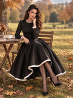 Vintage Black Satin Cream Trim Full Skirt Dress