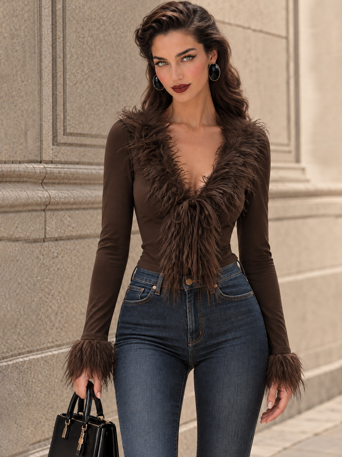 Vintage Brown Faux Fur Trim Tie Front T-shirt