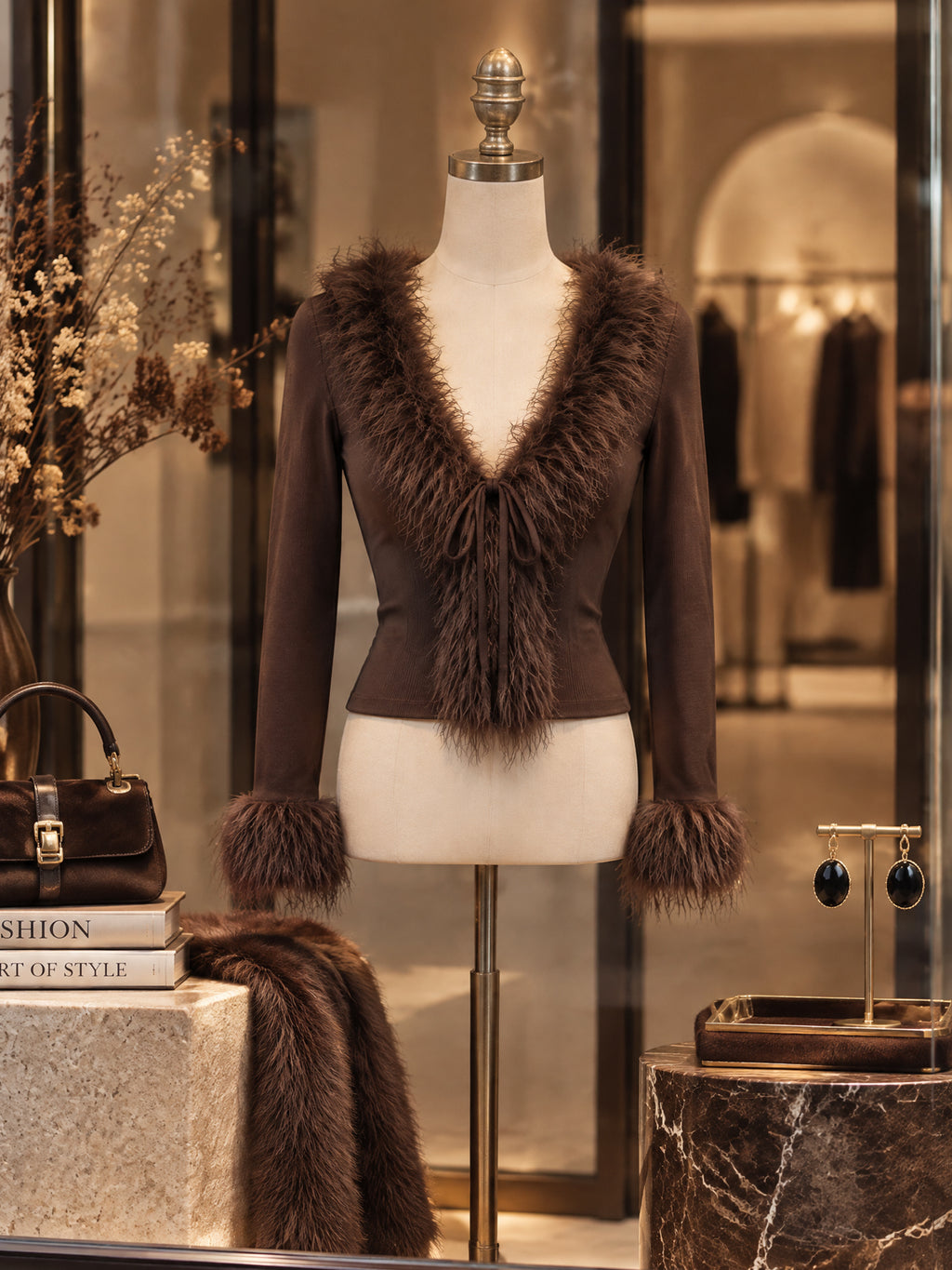 Vintage Brown Faux Fur Trim Tie Front T-shirt