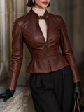 Women's Brown Long-Sleeve Faux Leather Zip-Up Jacket