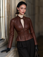 Women's Brown Long-Sleeve Faux Leather Zip-Up Jacket