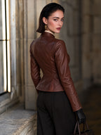 Women's Brown Long-Sleeve Faux Leather Zip-Up Jacket