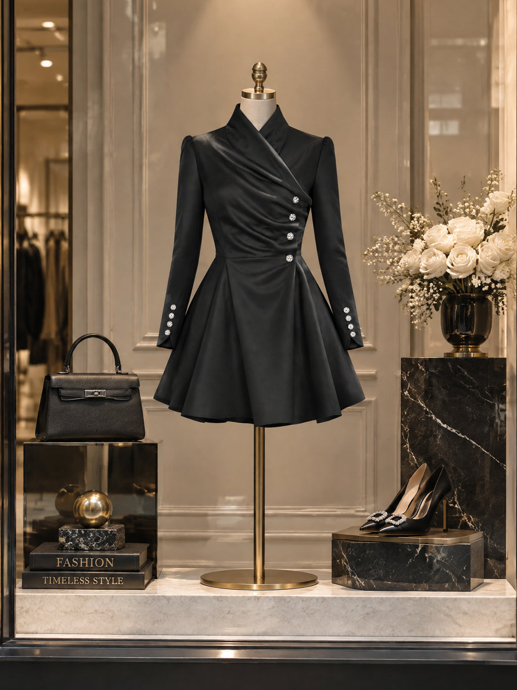 Vintage Black Satin Wrap Neck Flare Mini Dress