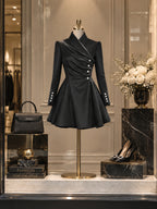 Vintage Black Satin Wrap Neck Flare Mini Dress
