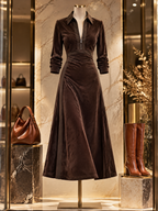 Vintage Zip Collar Suede Spliced Midi Dress