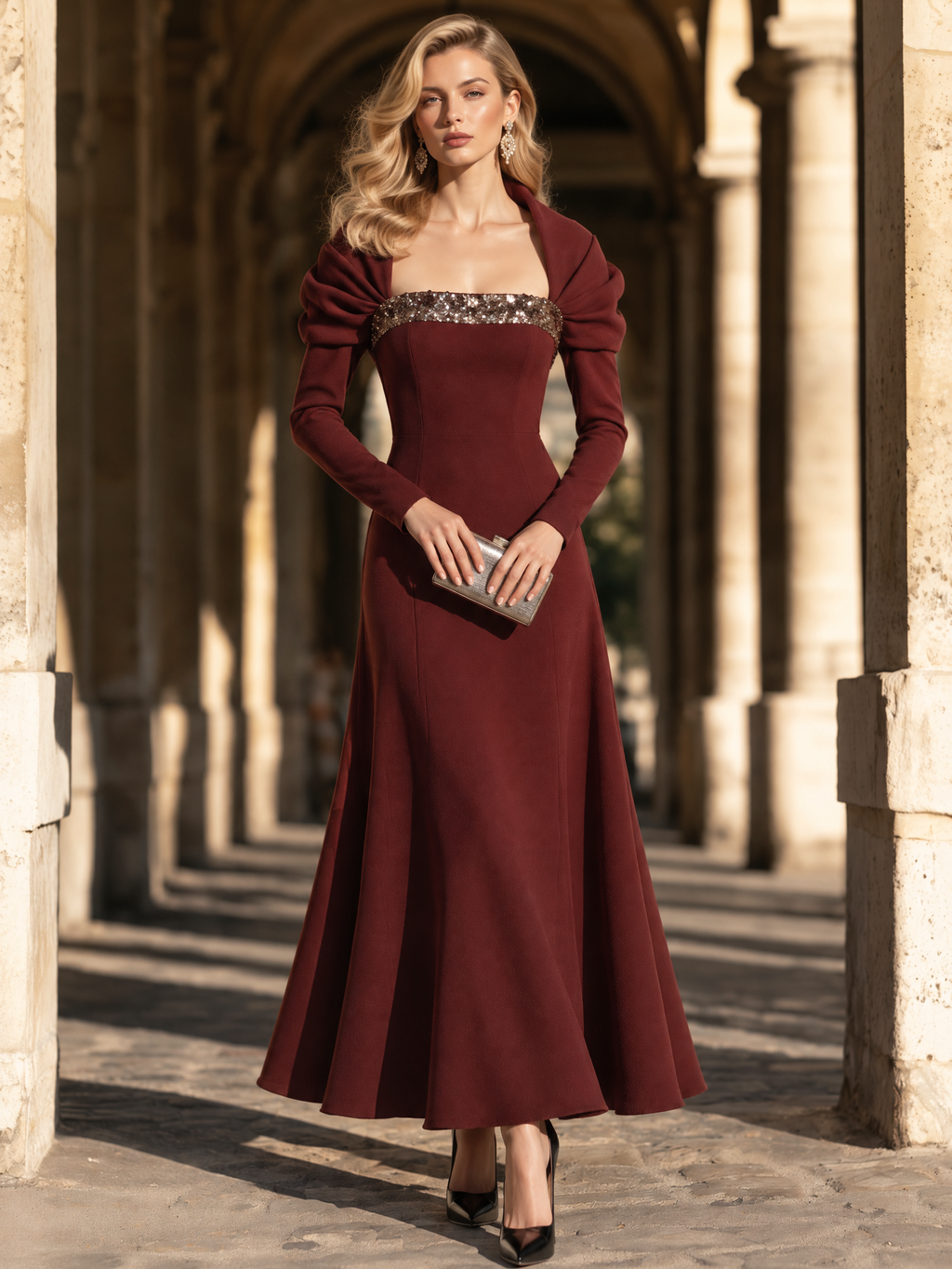 Vintage Ruched Square Neck Leg-of-Mutton Sleeve Sequin Spliced Maxi Dress