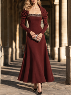 Vintage Ruched Square Neck Leg-of-Mutton Sleeve Sequin Spliced Maxi Dress