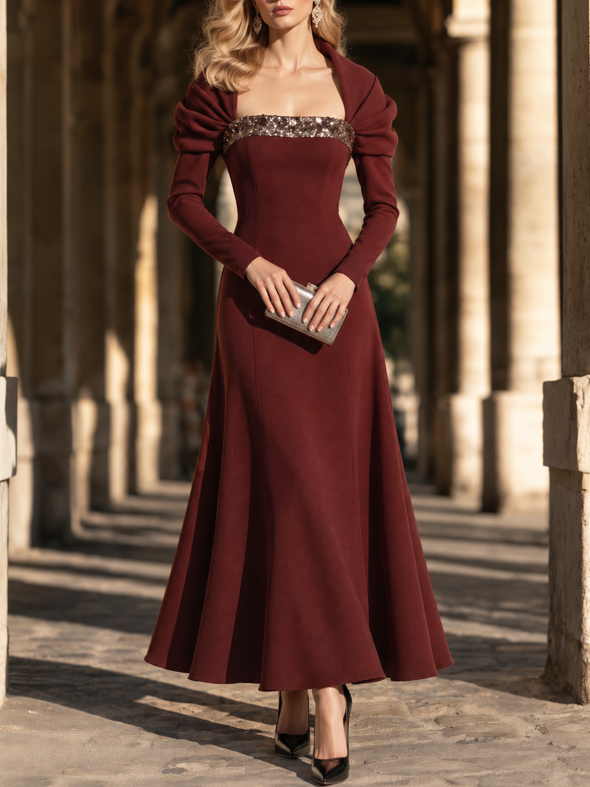 Vintage Ruched Square Neck Leg-of-Mutton Sleeve Sequin Spliced Maxi Dress