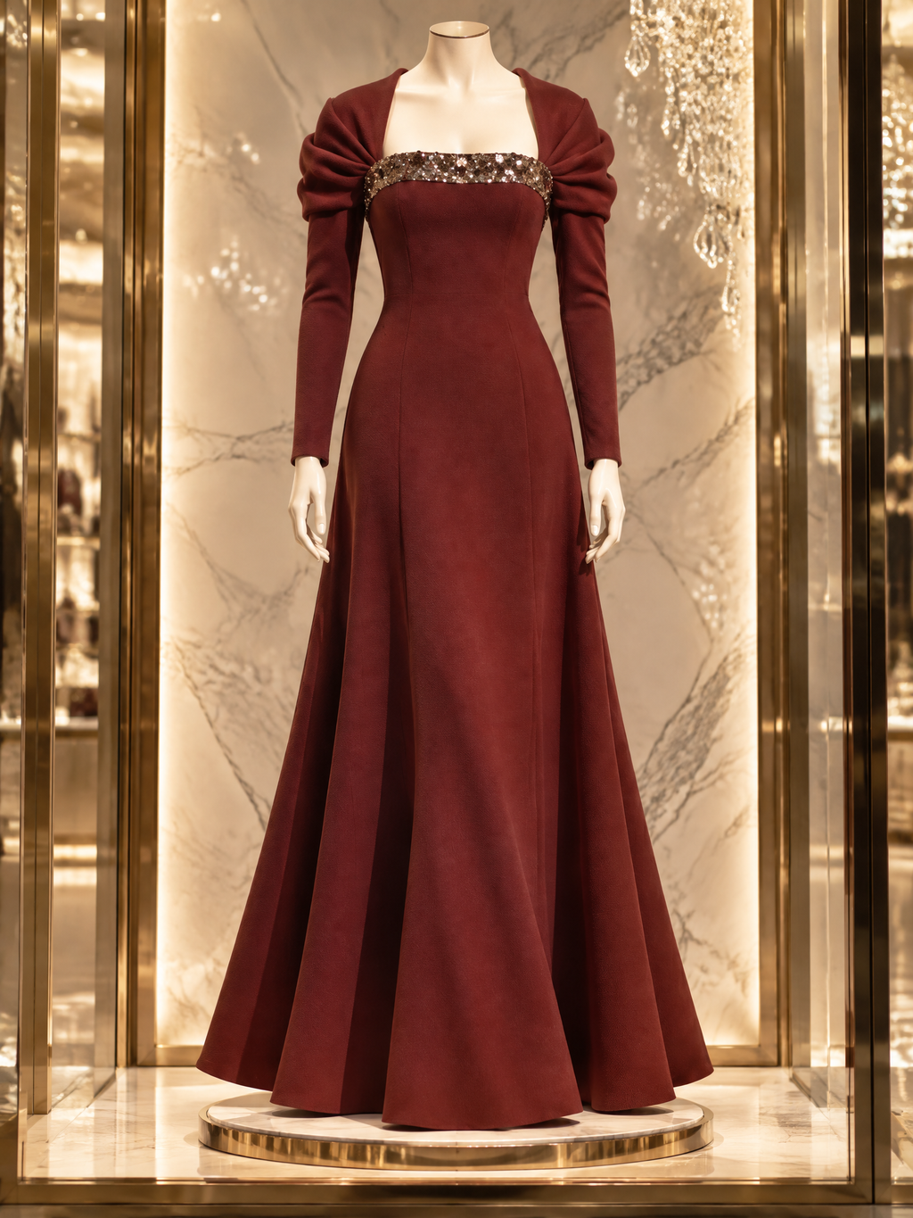 Vintage Ruched Square Neck Leg-of-Mutton Sleeve Sequin Spliced Maxi Dress