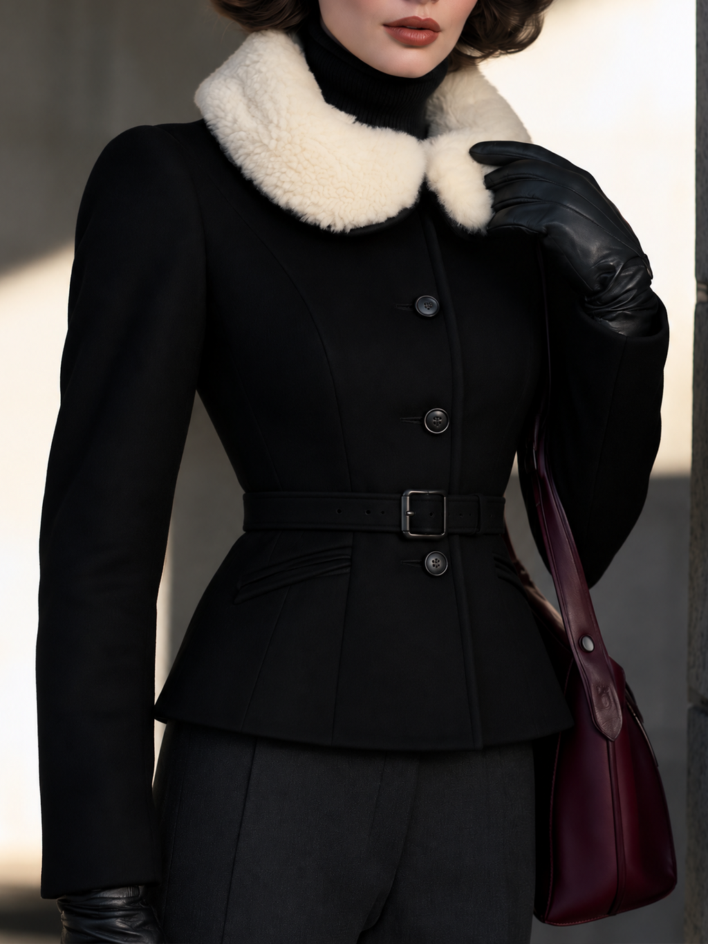 Vintage Black Button-Front Belted White Plush Collar Jacket